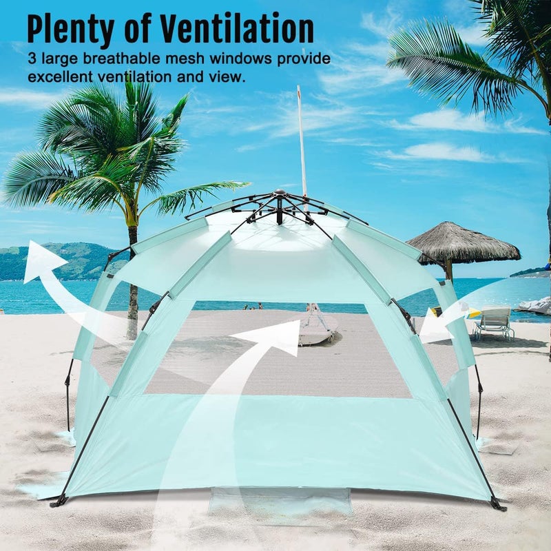 WhiteFang Deluxe XL Pop Up Beach Tent Sun Shade Shelter for 3-4 Person, UV Protection, Extendable Floor with 3 Ventilating Windows Plus Carrying Bag, Stakes, and Guy Lines (Mint Green) - Image 4